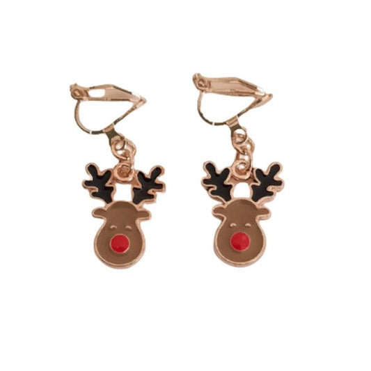 Rudolph Reindeer Christmas Clip On Earrings