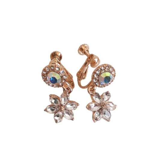 Screw Back Gold Diamante Flower Clip On Earrings