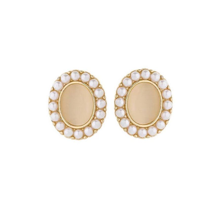 Screw Back Oval Pearl Gold Clip On Earrings