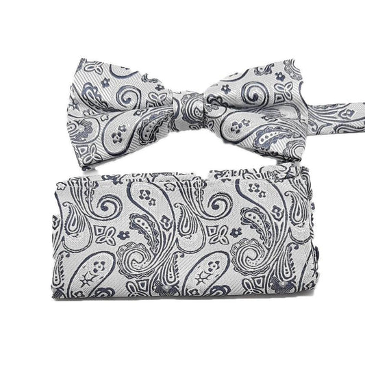Silver And Grey Paisley Patterned Adjustable Bow Tie Set