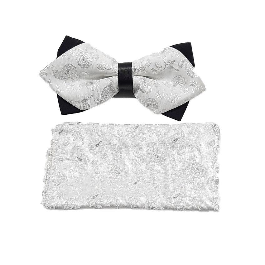 Silver And White on Black Patterned Adjustable Bow Tie Set