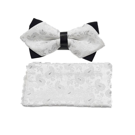 Silver And White on Black Patterned Adjustable Bow Tie Set