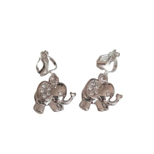 Silver Diamante Elephant Clip On Earrings