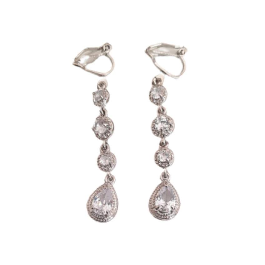 Silver Drop Diamante Clip On Earrings