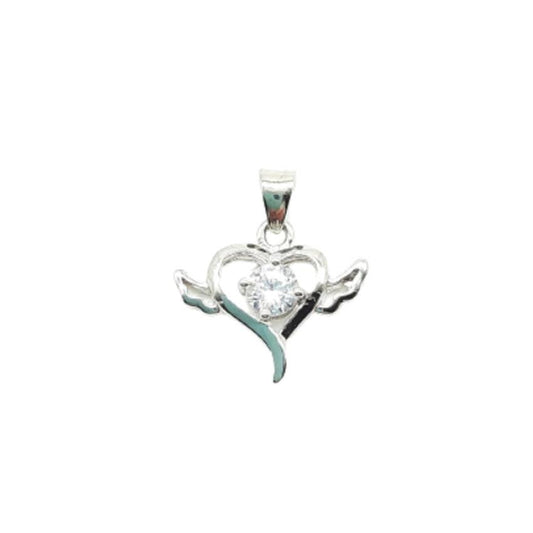 Silver Heart With CZ Stone And Angel Wings Pendant