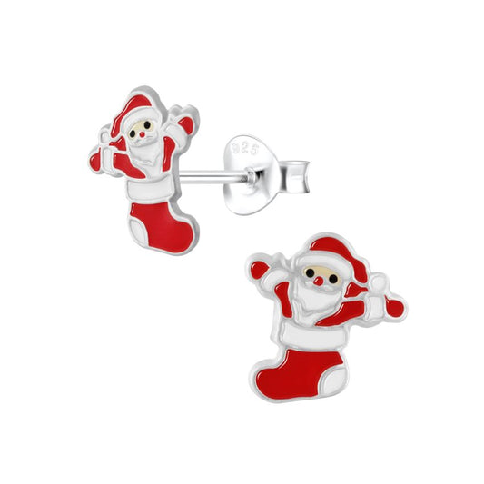 Silver Kids Santa In A Stocking Earrings
