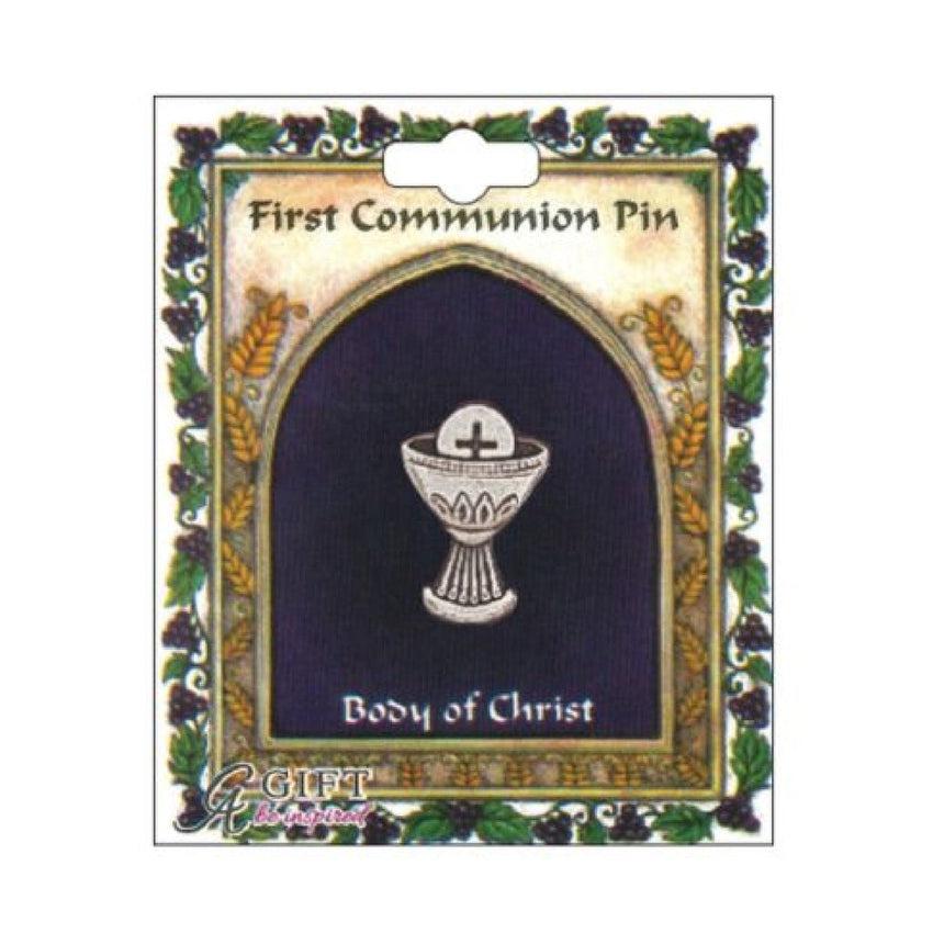 Silver Plated Body Of Christ Communion Lapel Pin on a Gift Card