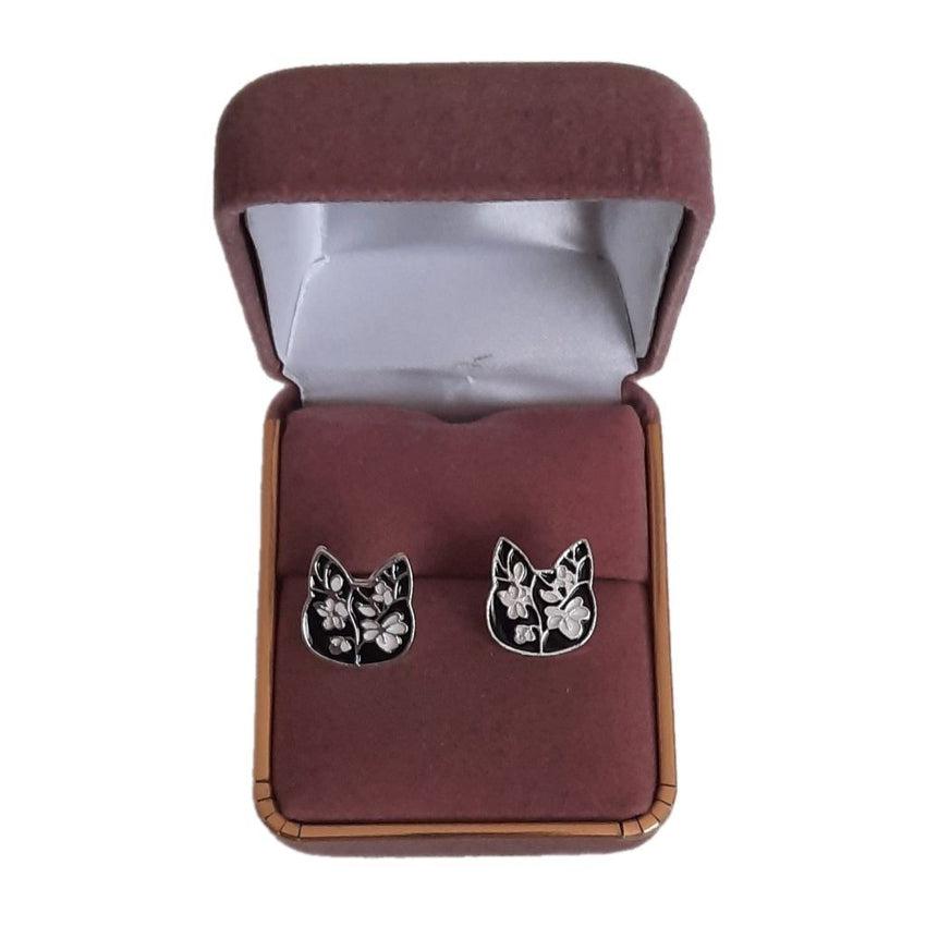 Silver Plated Cat With Flowers Earrings