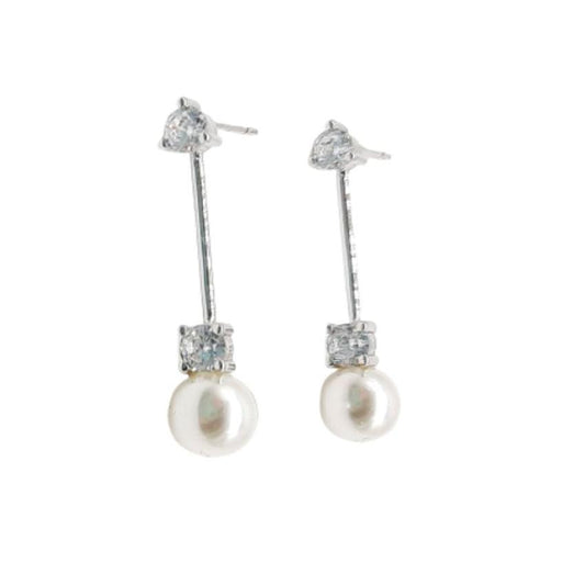 Silver Stem Pearl Earrings With Cubic Zirconia Stones