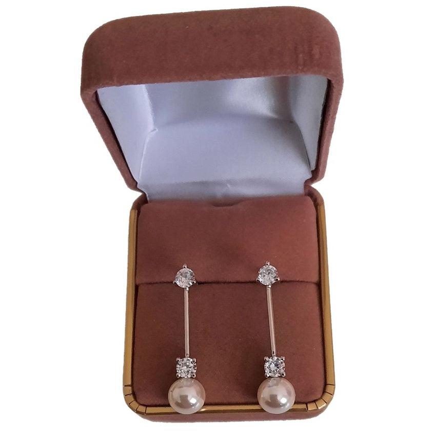 Silver Stem Pearl Earrings With Cubic Zirconia Stones