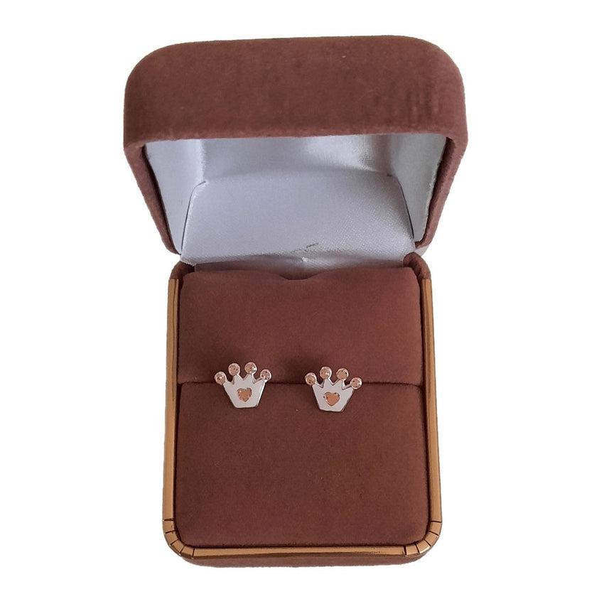 Silver White Princess Crown Stud Earrings