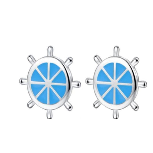 Silver Blue Boat Wheel Stud Earrings