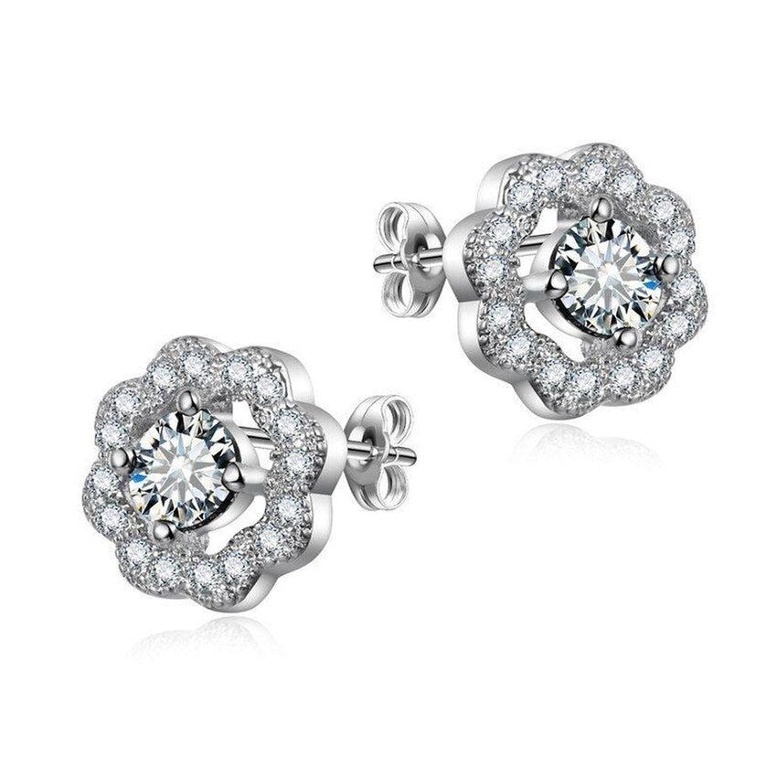 Silver Cubic Zirconia Open Flower Petals Earrings