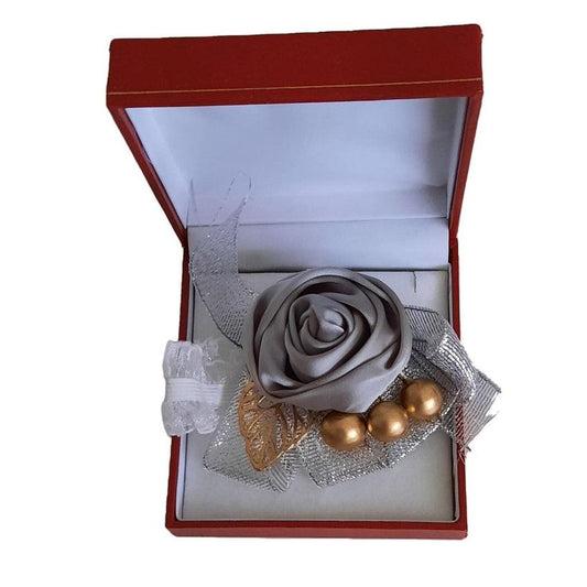 Silver Grey Silk Rosebud With Silver Ribbon Wrist Corsage