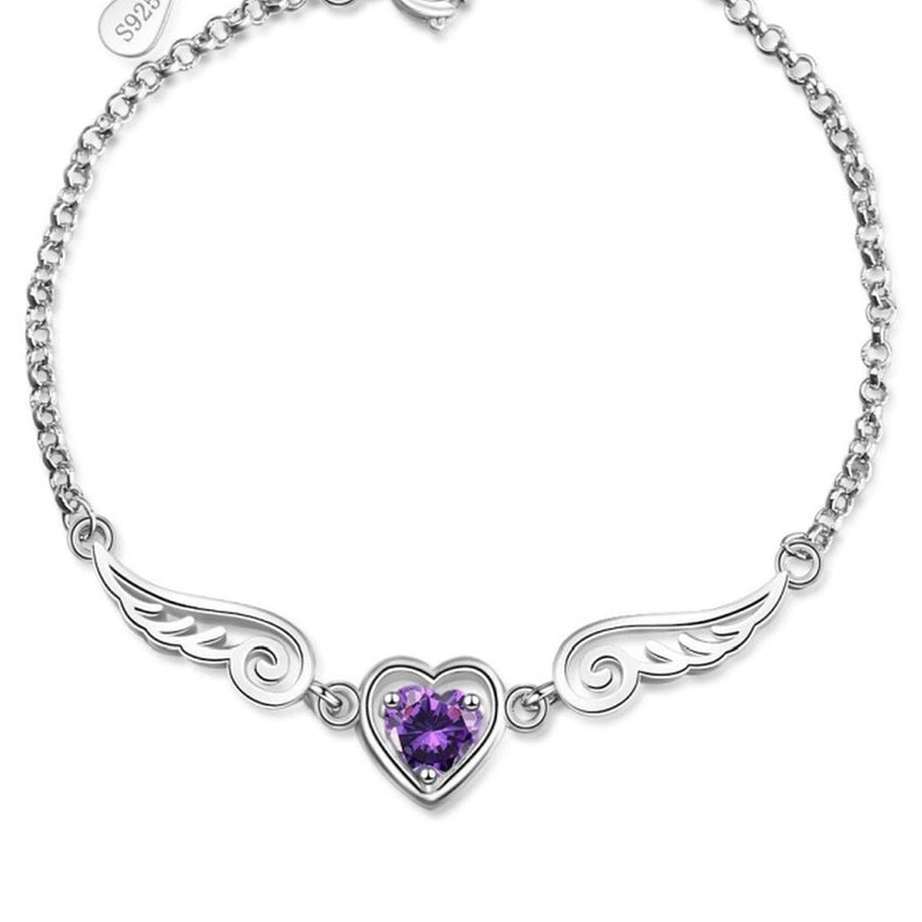 Silver Older Child Size Amethyst Heart And Angel Wings Bracelet