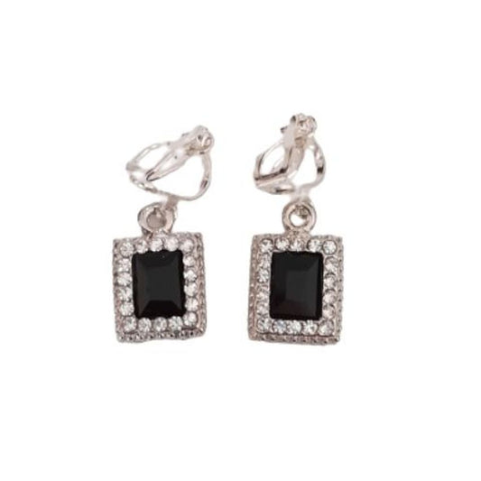 Small Black Rectangle Diamante Clip On Earrings