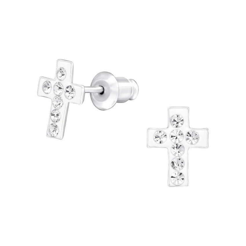 Small Crystal Stone Set Girls White Cross Communion Earrings