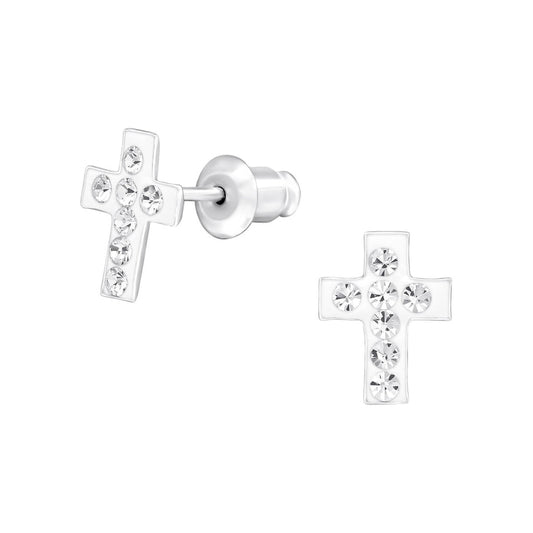 Small Crystal Stone Set Girls White Cross Communion Earrings