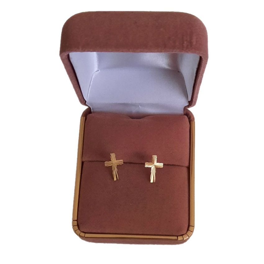 Small Decorative Engraving 9ct Gold Kids Stud Cross Earrings