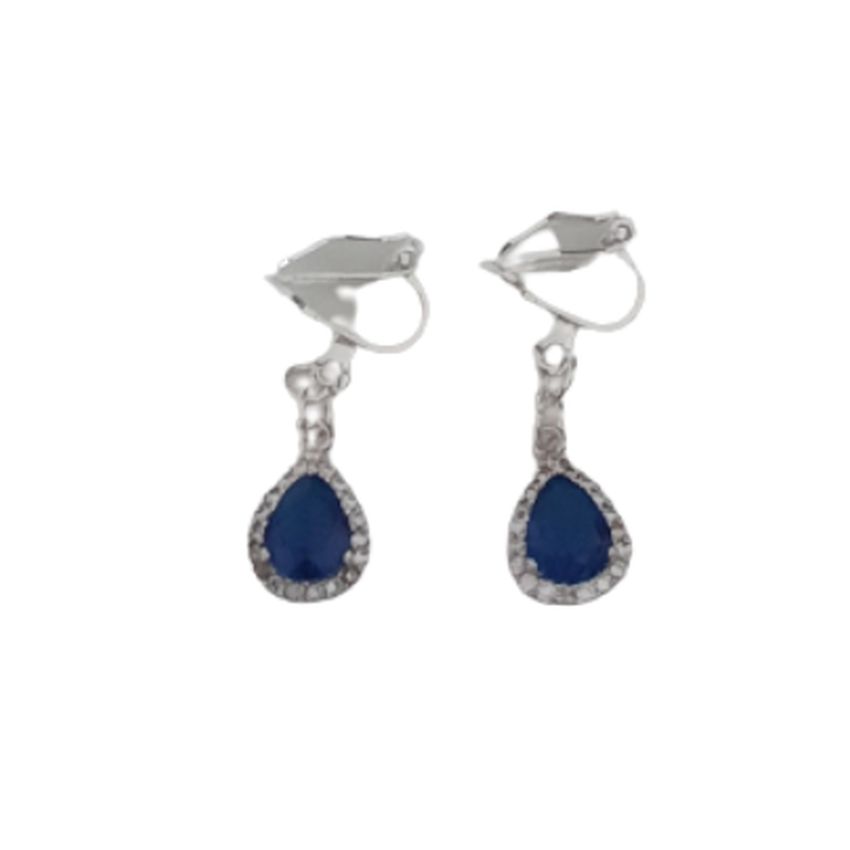 Small Drop Stone Blue Diamante Clip On Earrings