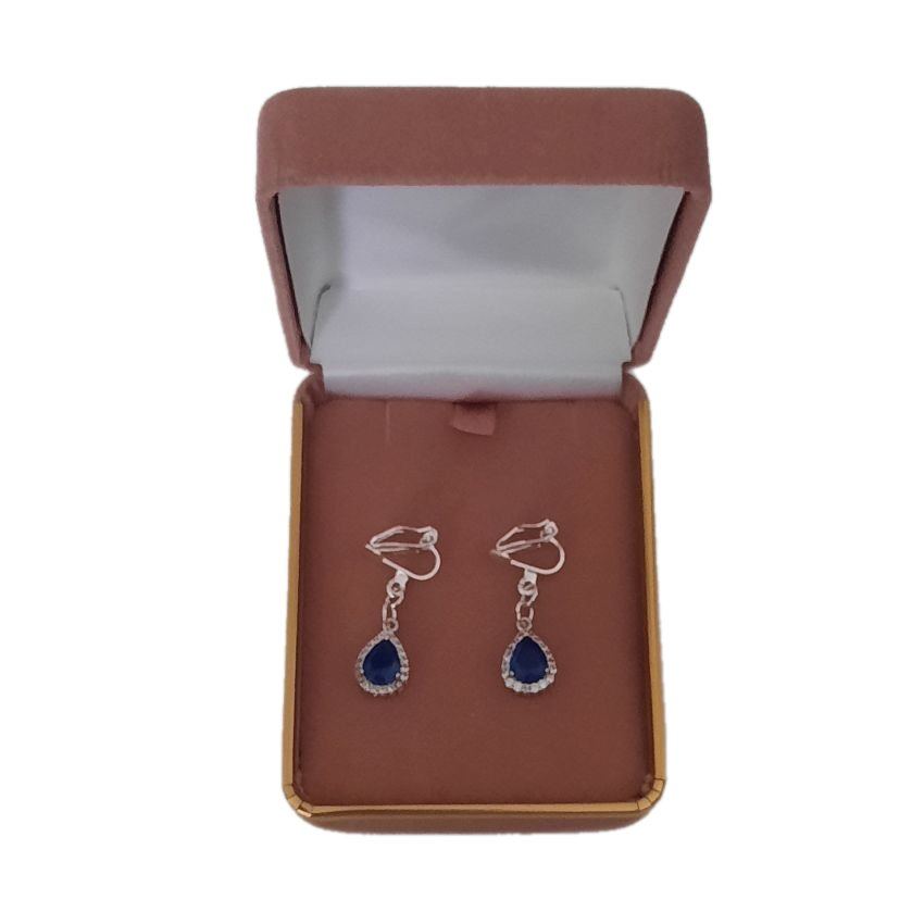 Small Drop Stone Blue Diamante Clip On Earrings(2)