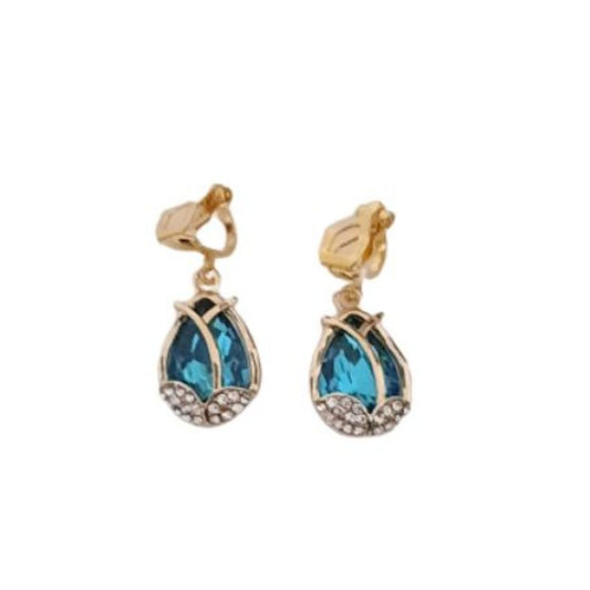 Small Drop Teal And Gold Clip On Earrings
