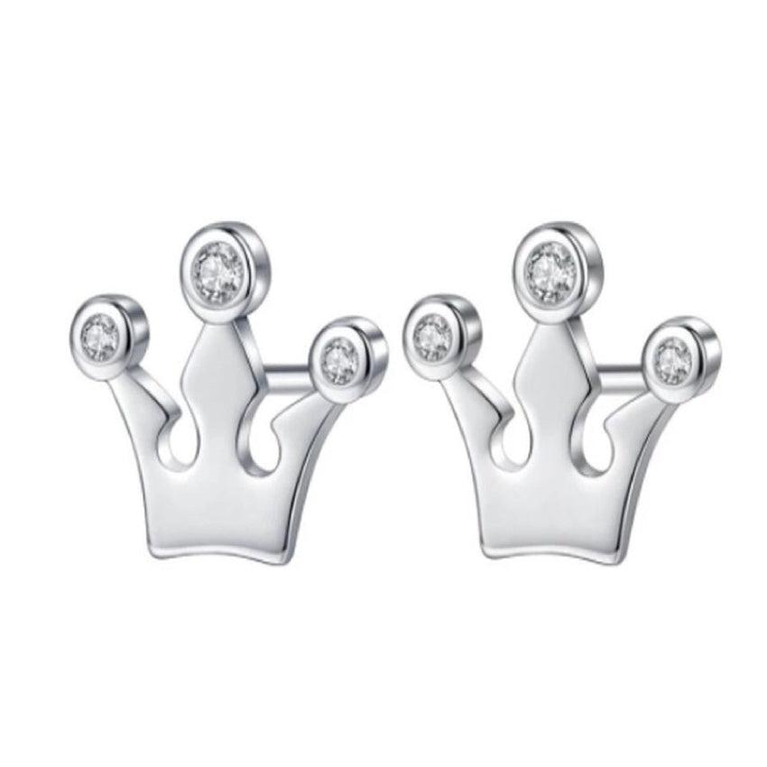 Small Princess Crown Silver Stud Earrings Inlaid With CZ Stones