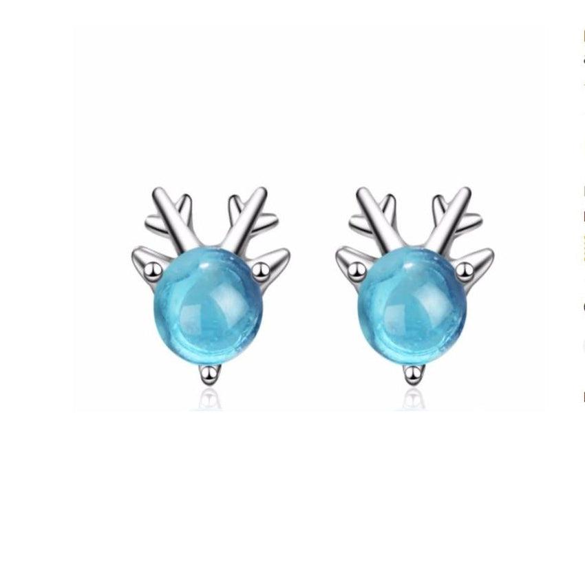 Small Silver Blue Cubic Zirconia Elk Earrings