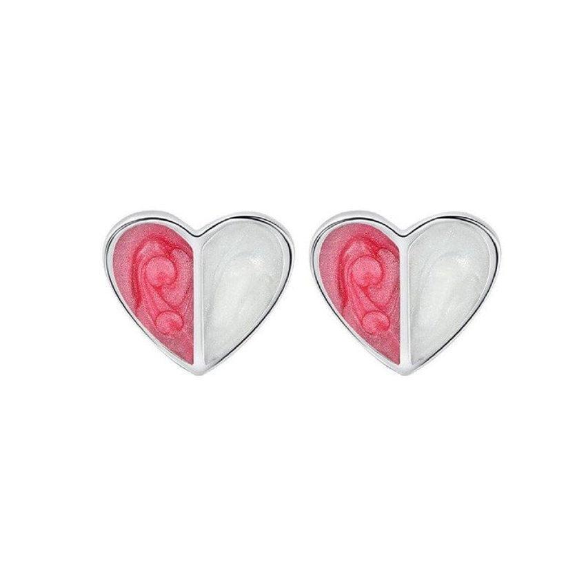 Small Sterling Silver Pretty Pink And White Heart Earrings