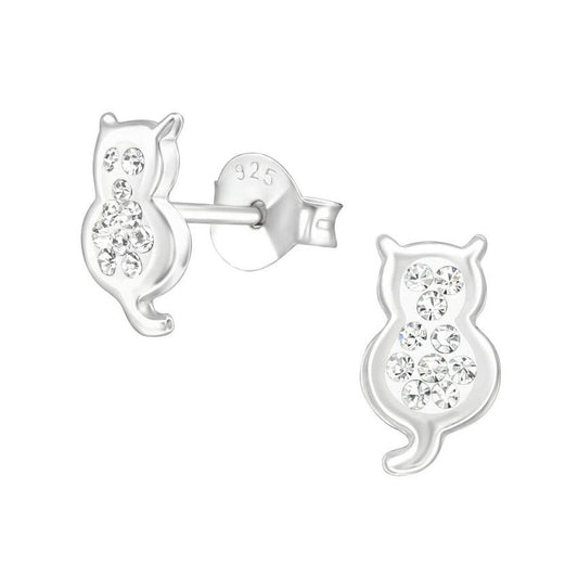 Small Crystal Cat Sterling Silver Earrings