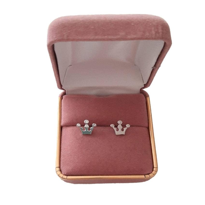 Small Princess Crown Silver Stud Earrings Inlaid With CZ Stones