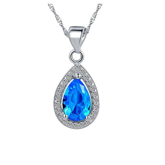 Small Turquoise Coloured Pear Drop Pendant With Cubic Zirconia Edging