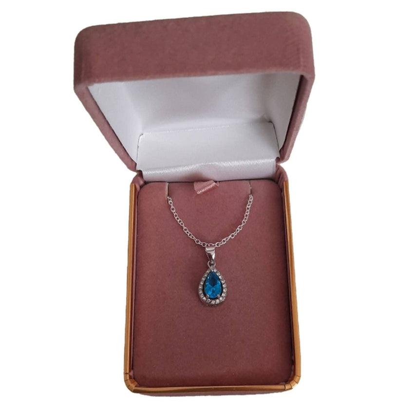 Small Turquoise Coloured Pear Drop Pendant With Cubic Zirconia Edging