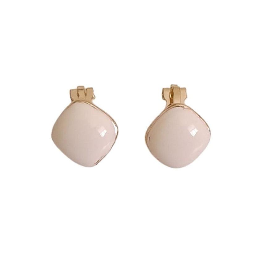 Small White Enamel On Gold Clip On Earrings