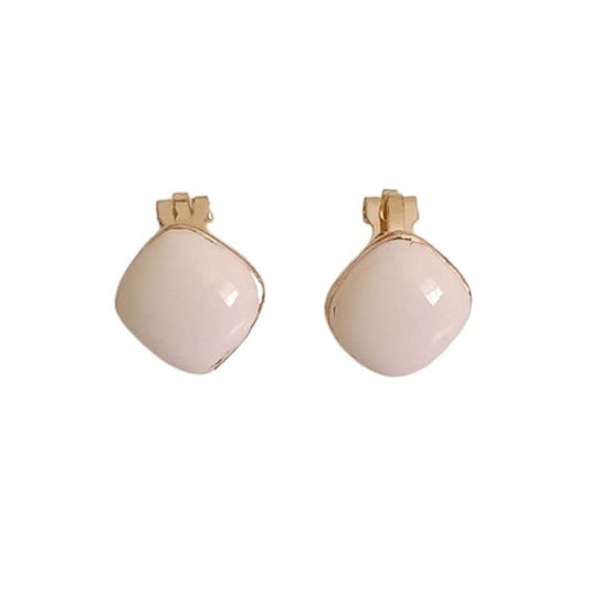 Small White Enamel On Gold Clip On Earrings
