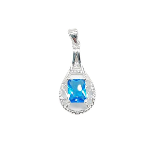 Square Aqua Blue Stone Pendant In A Silver Filigree Setting