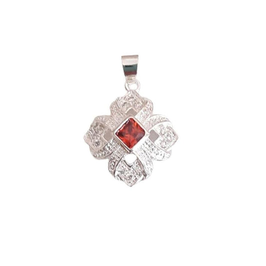 Square Red Stone Centre With A Silver Woven Surround Pendant