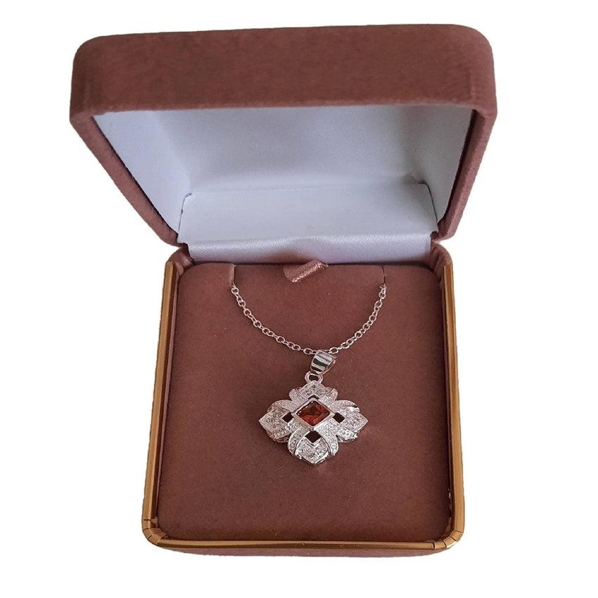 Square Red Stone Centre With A Silver Woven Surround Pendant