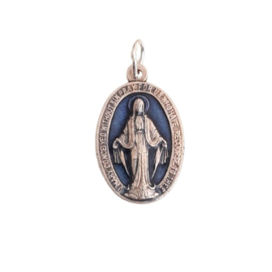 Stainless Steel With Blue Enamel Miraculous Medal Necklace