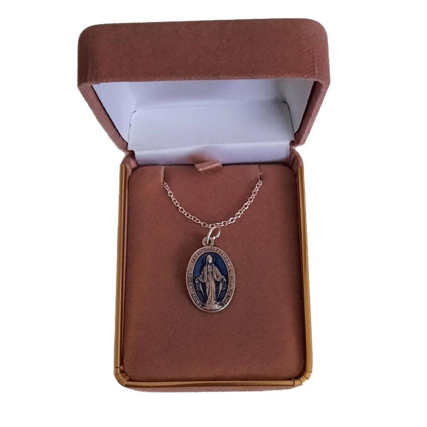 Stainless Steel With Blue Enamel Miraculous Medal Necklace