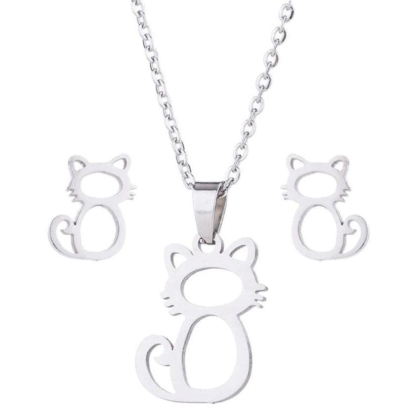 Stainless Steel Cat Earrings And Necklace Set