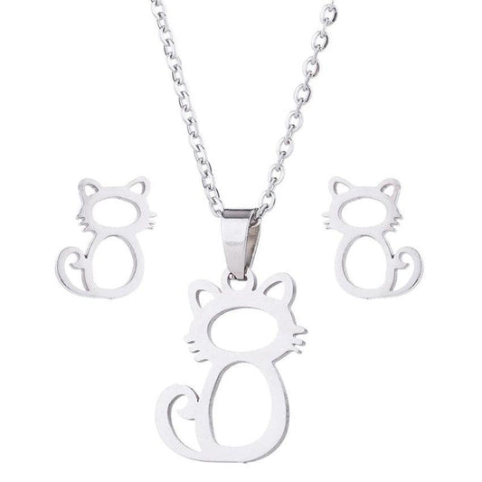 Stainless Steel Cat Earrings And Necklace Set