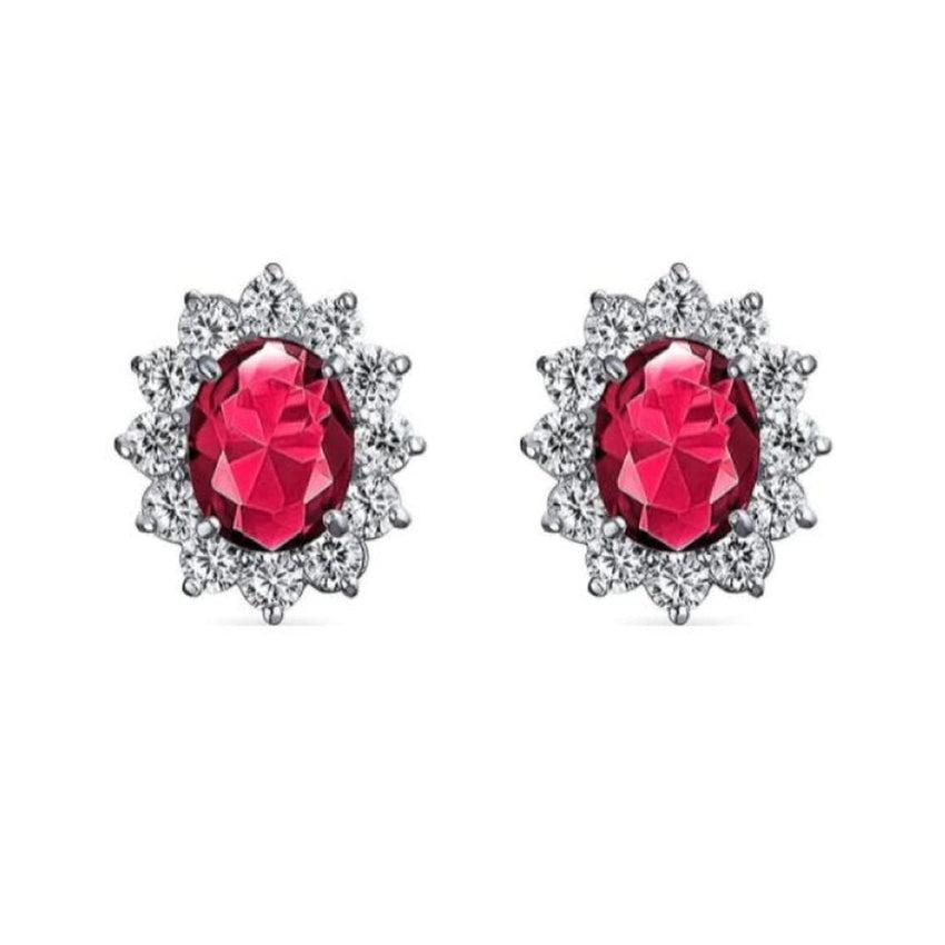 Sterling Silver CZ Surround Red Cubic Zirconia Earrings