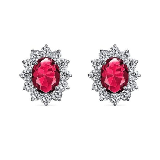 Sterling Silver CZ Surround Red Cubic Zirconia Earrings
