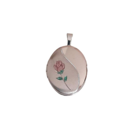 Sterling Silver Child Size Locket With a Pink Enamel Rose