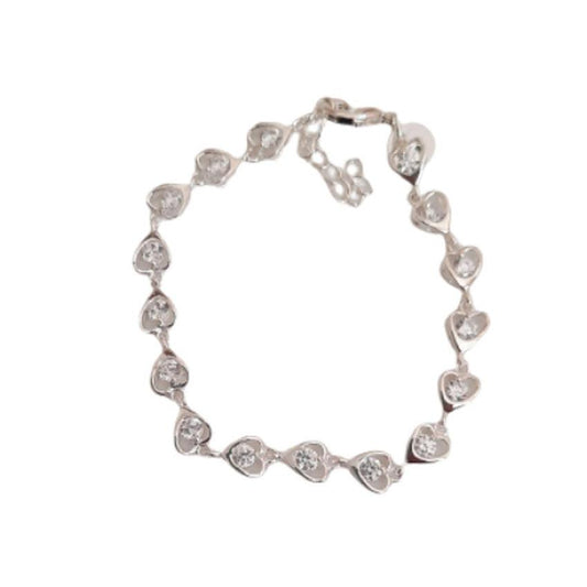 Sterling Silver Crystal Set Ladies Heart Link Bracelet