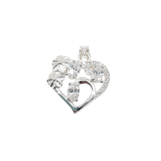 Sterling Silver Heart and Flower Design Crystal Pendant