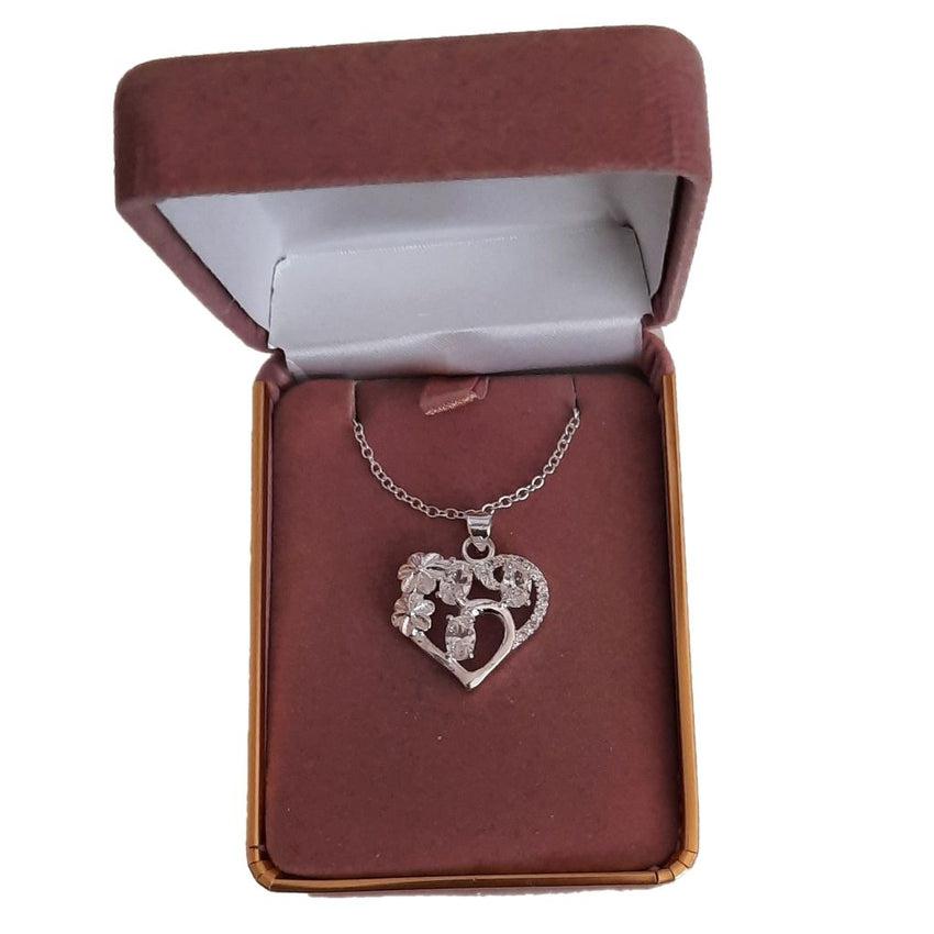 Sterling Silver Heart and Flower Design Crystal Pendant