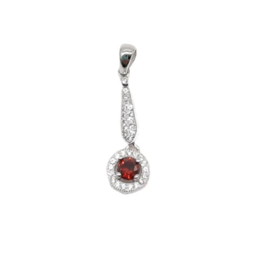 Sterling Silver Long Drop Red Stone Cubic Zirconia Pendant