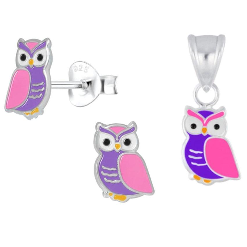 Sterling Silver Owl Childs Matching Earrings And Necklace Set